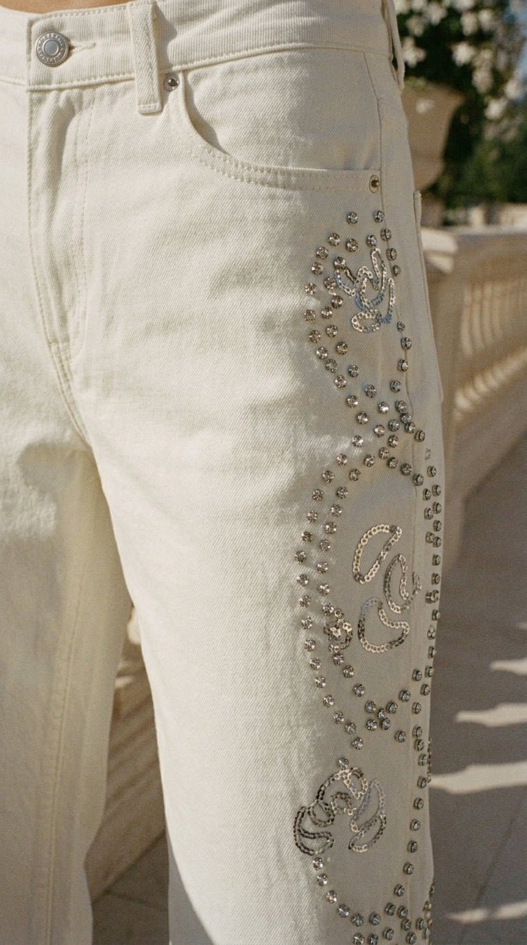 White Rhinestone Straight Jeans - GorgeousGul