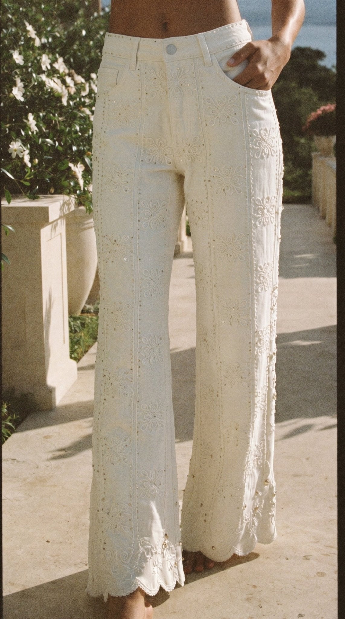 White Embroidered Flare Jeans - GorgeousGul