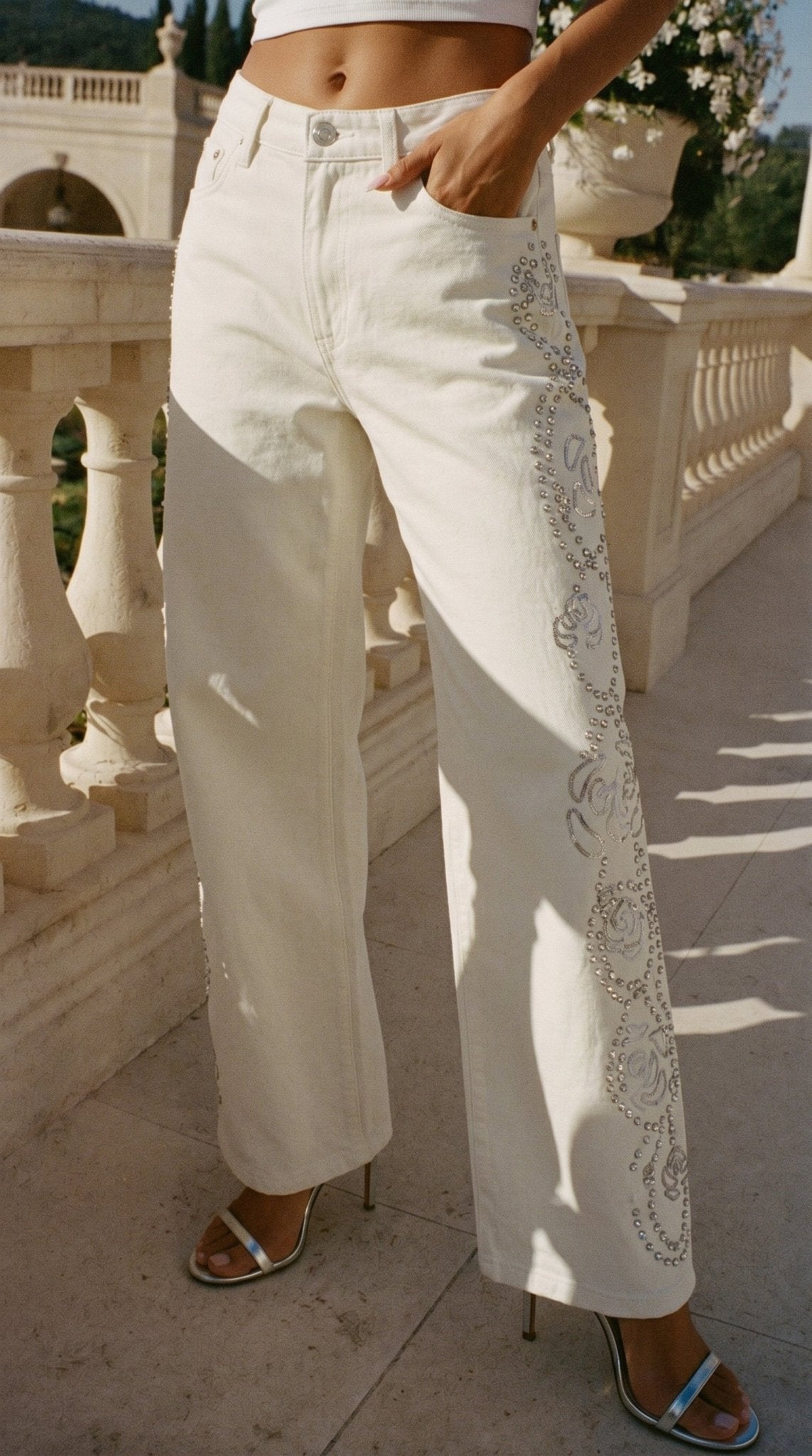 White Rhinestone Straight Jeans - GorgeousGul
